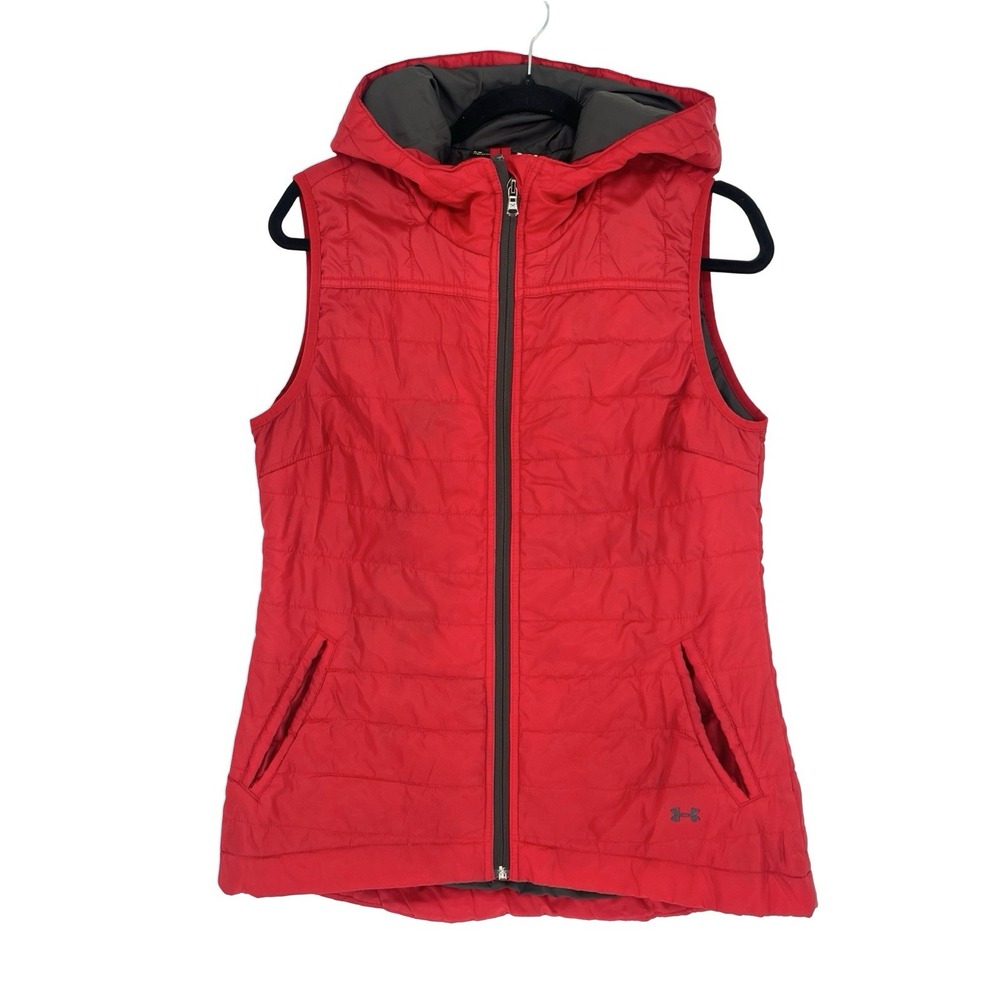 Under Armour Storm Womens L Red Hooded Puffer Vest Insulated Full Zip Athletic